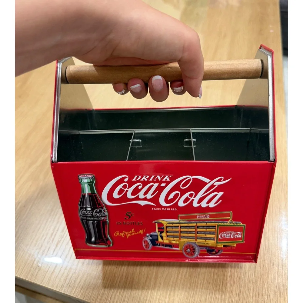 Coca-Cola Vintage Style Metal Tin Caddy Wooden Handle Red Bottle Carrier Decor